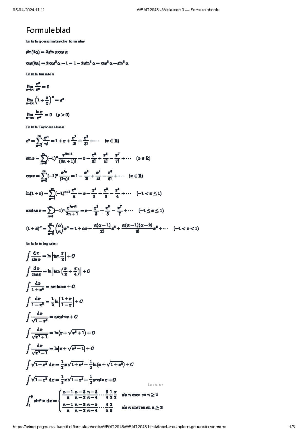 Formula Blad voor WBMT2048 - Wiskunde 3: Formules en Tabellen - Studeersnel