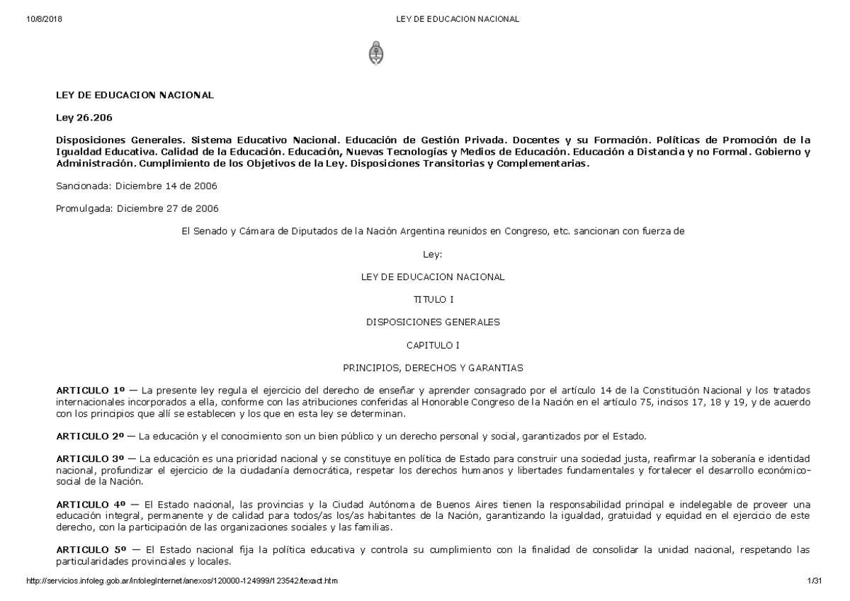 LEY DE EDUCACIÓN NACIONAL (Ley 26.206): Disposiciones Generales y ...