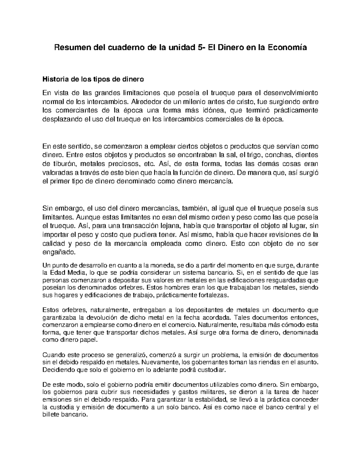 Resumen Unidad 5: El Dinero y Su Función en la Economía - Studocu