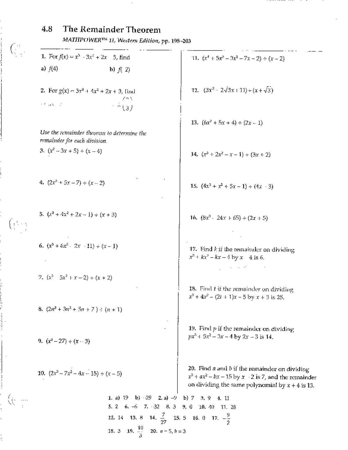 Remainder Theorem Worksheet (MP) - Practice Problems and Solutions ...