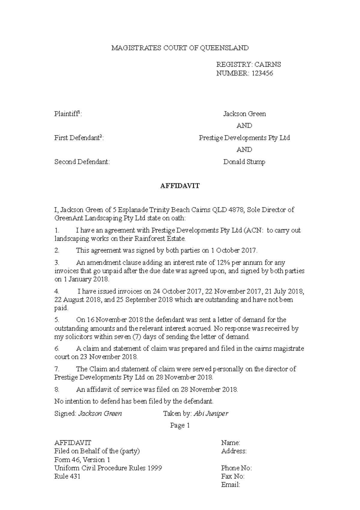 Affidavit for Default Judgment - Magistrates Court Case No. 123456 ...