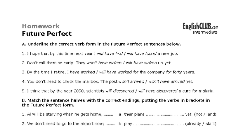 Future Perfect Homework - Intermediate A Exercises - Studocu