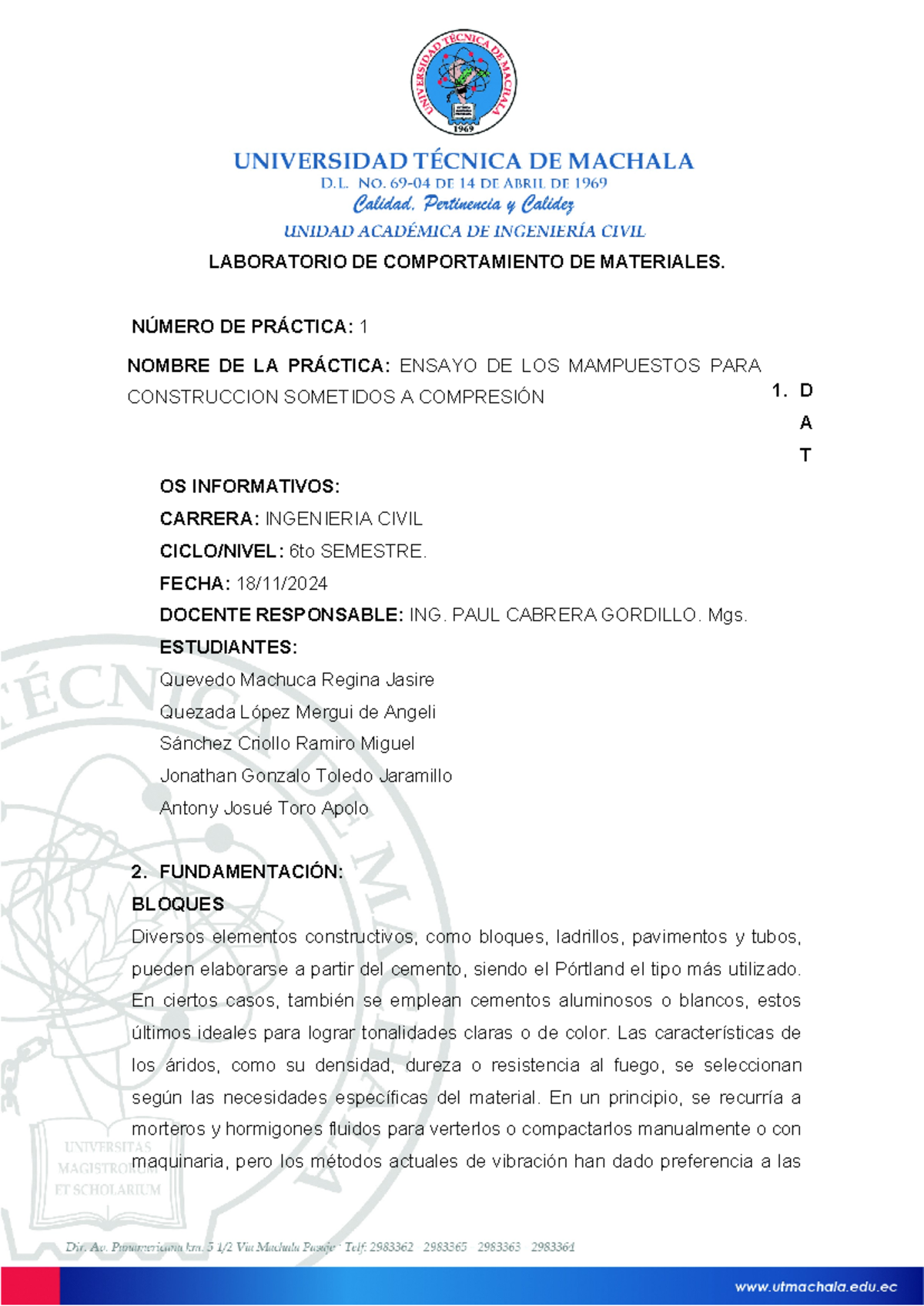 Practica 01 G5 Ensayo DE Compresion DE Mamposteria - LABORATORIO DE ...