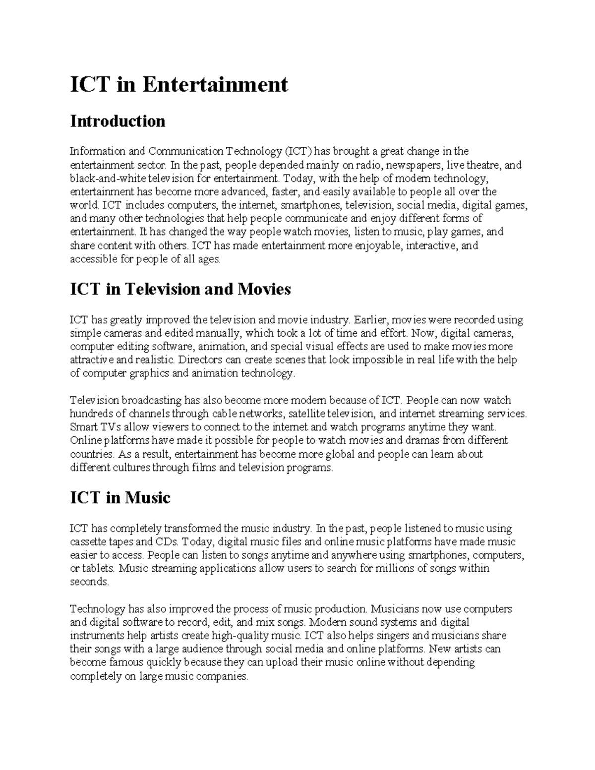 ICT in Entertainment: Transformations and Impacts (MGT368) - Studocu