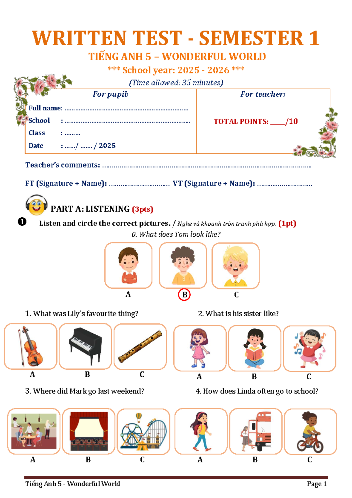 WRITTEN TEST 1 TIẾNG ANH 5 WONDERFUL WORLD - 2025 - Studocu