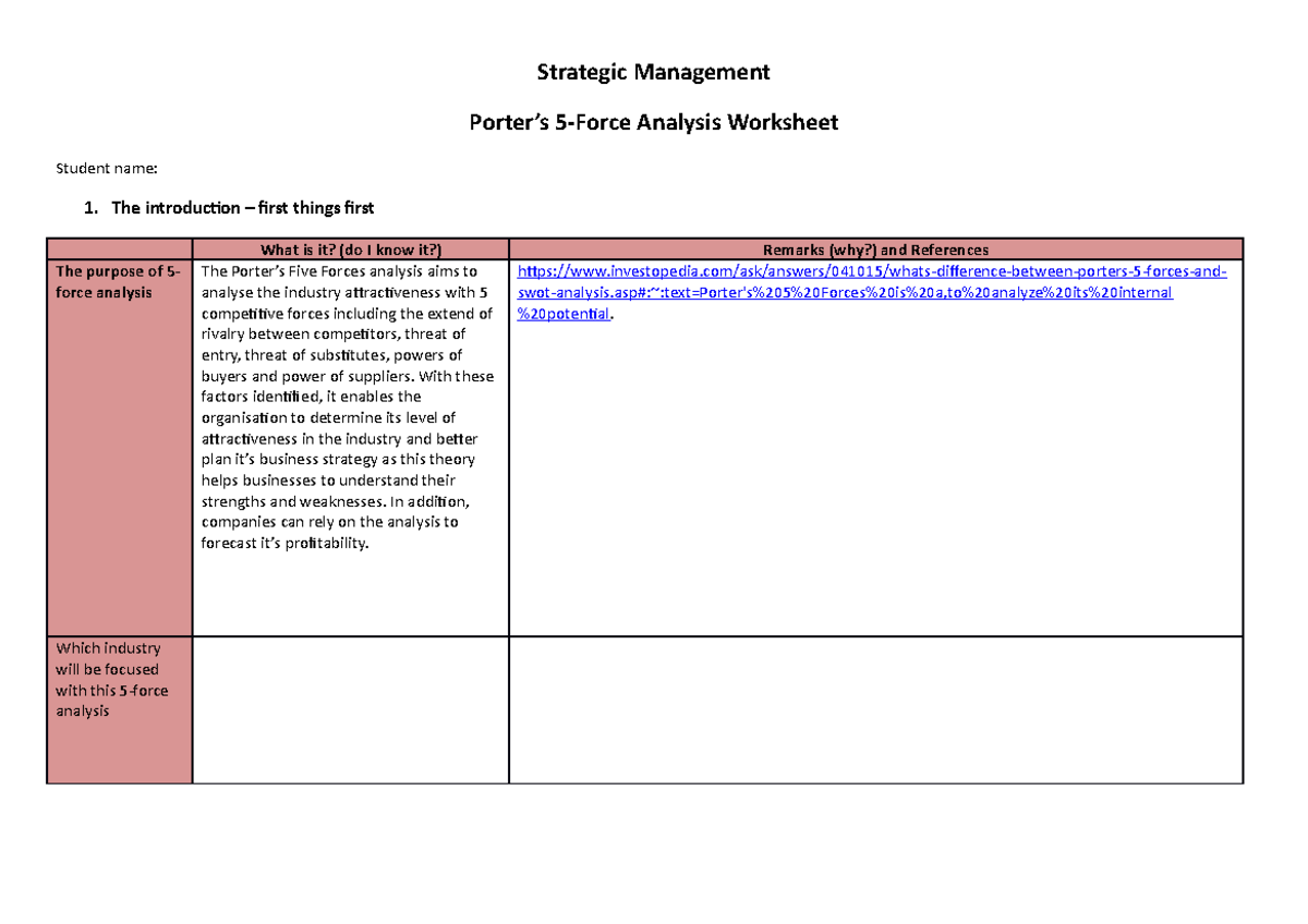 5 Force Analysis Worksheet - Strategic Management Porter’s 5-Force ...