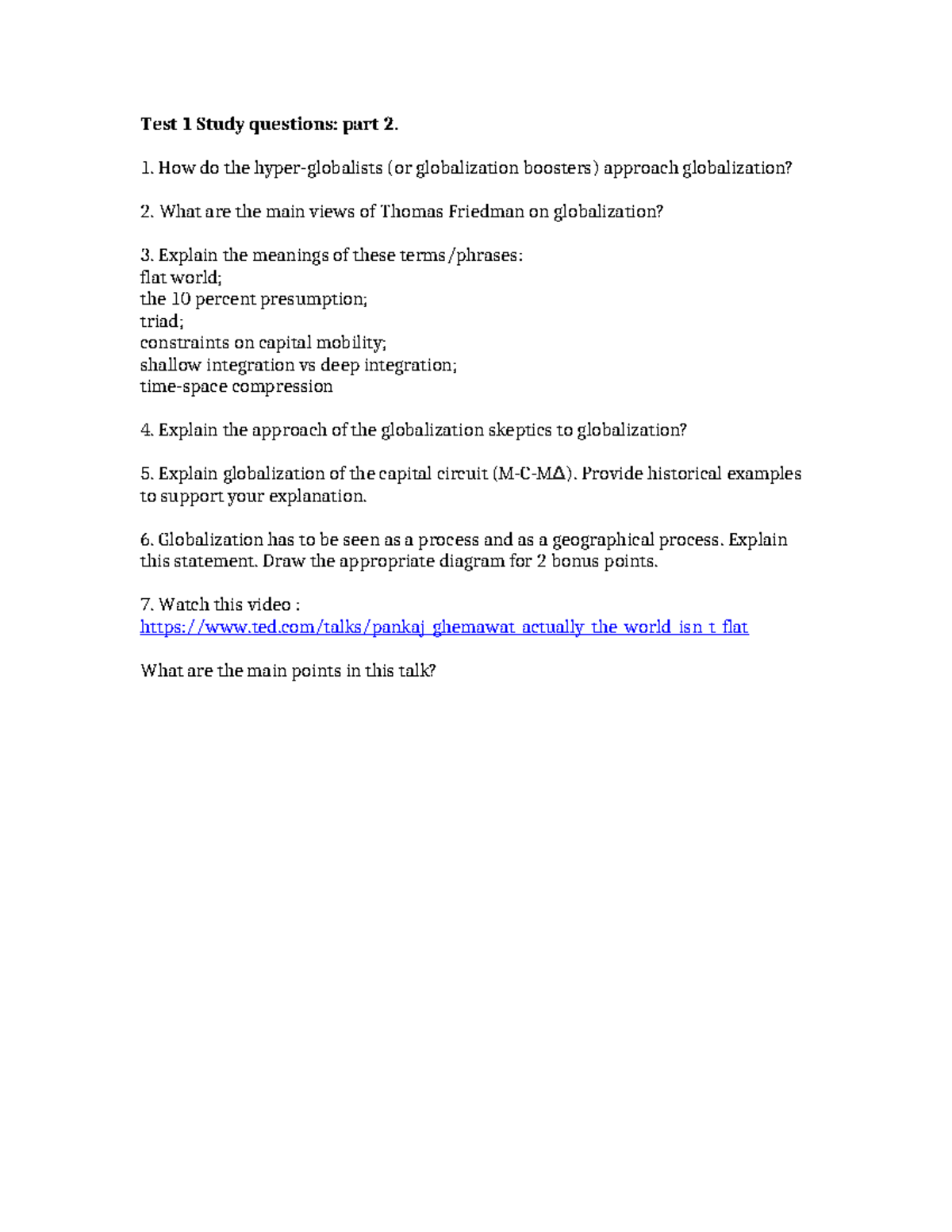 Test 1 Study Questions: Globalization Insights (Week 2) - Studocu