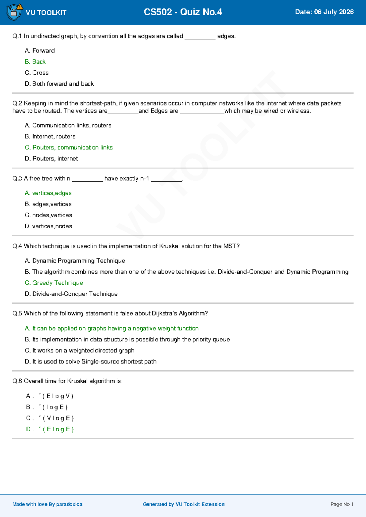 CS502 Quiz No.4 - Graph Theory and Algorithms Insights - Studocu