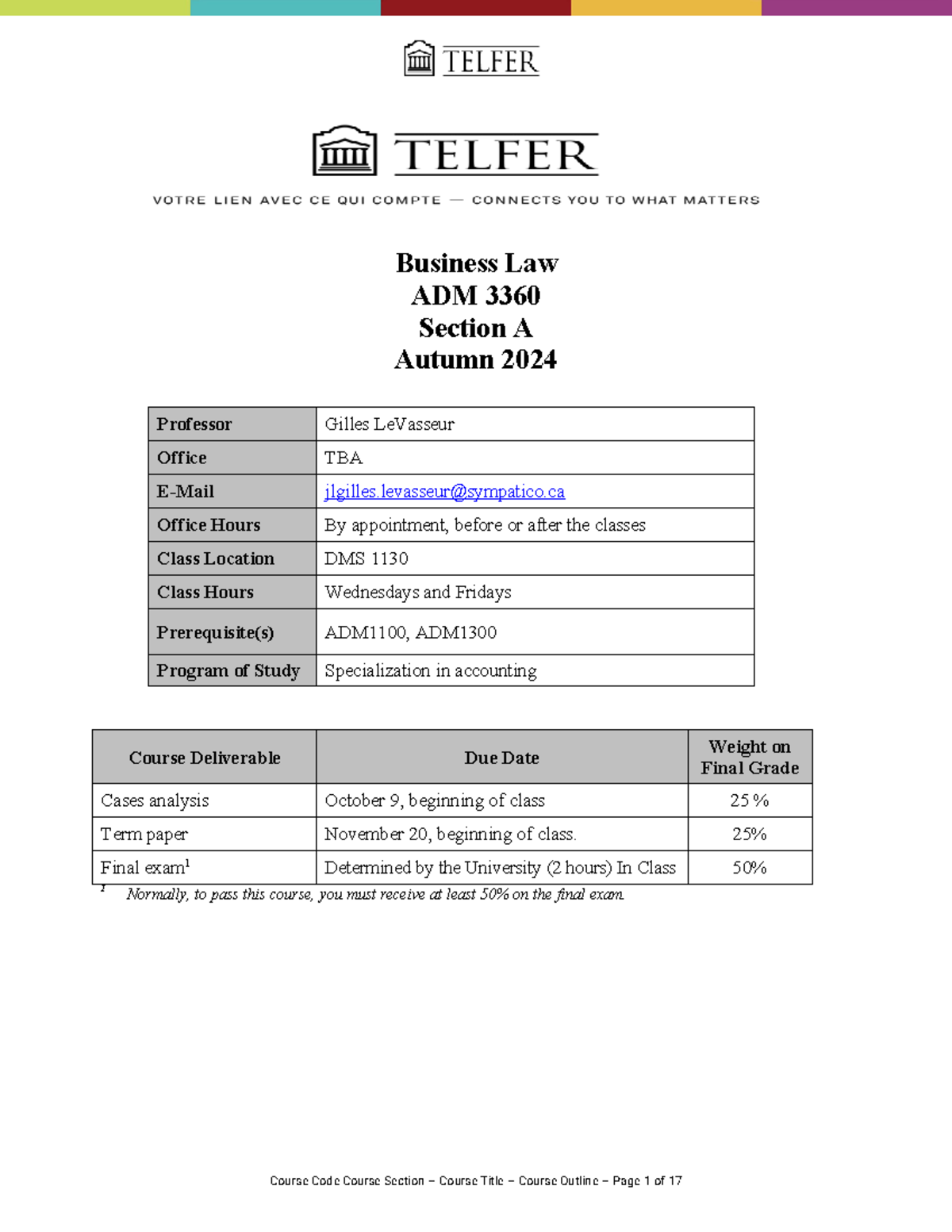 Business Law Course Outline - ADM3360 Section A (Autumn 2024) - Studocu