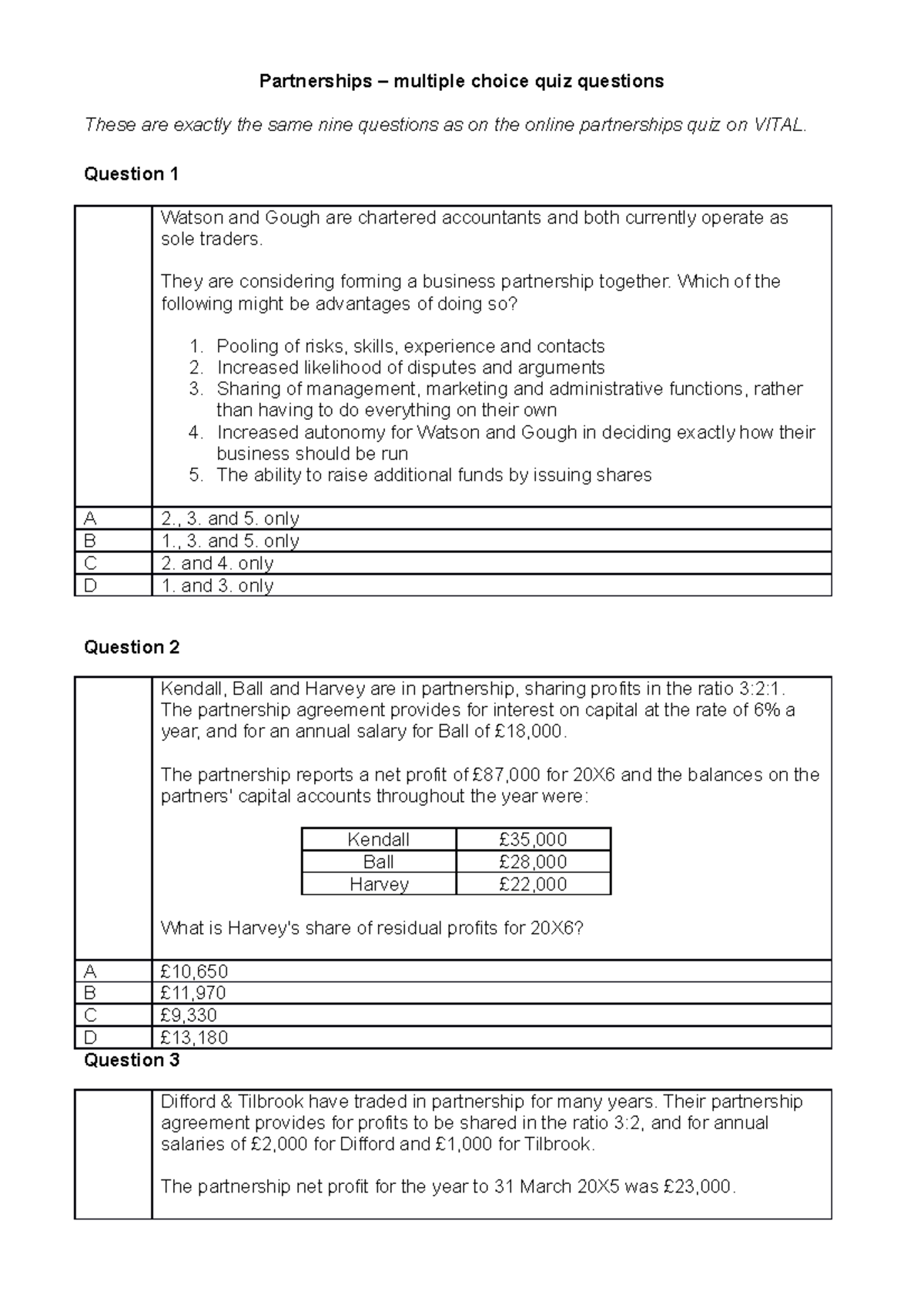 Partnerships QUIZ Questions in Word format - Partnerships – multiple ...