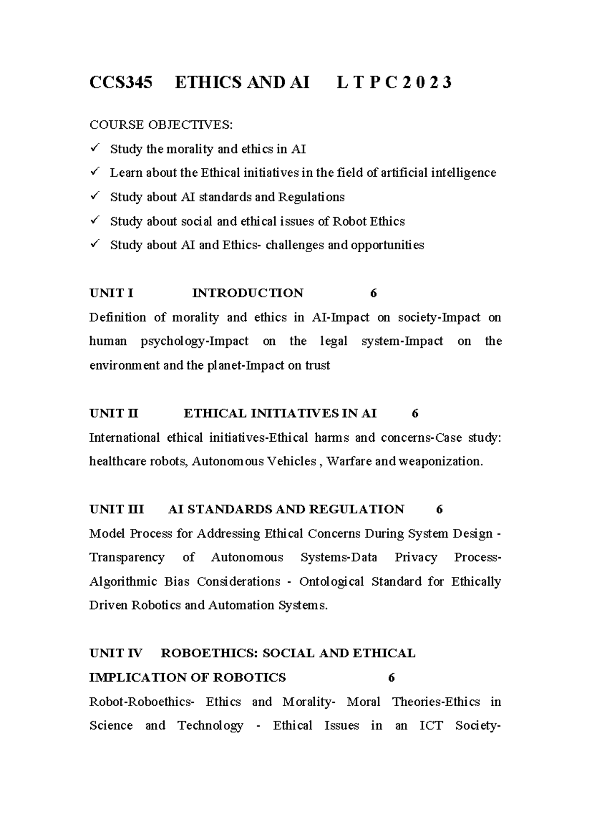 CCS345 - Ethics and AI Syllabus: Course Objectives & Topics - Studocu