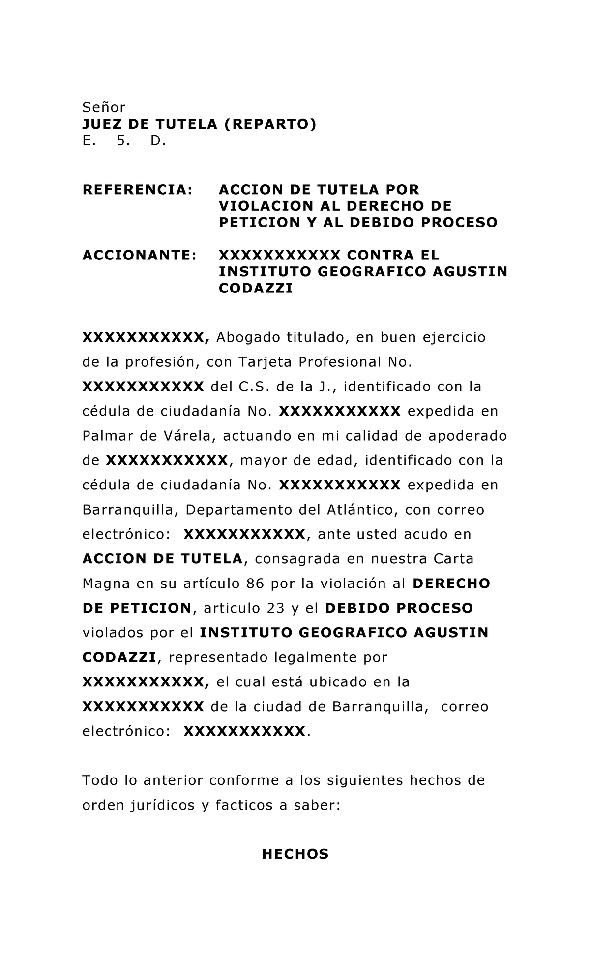 Accion DE Tutela POR Violacion AL Derecho DE Peticion Y AL Debido ...