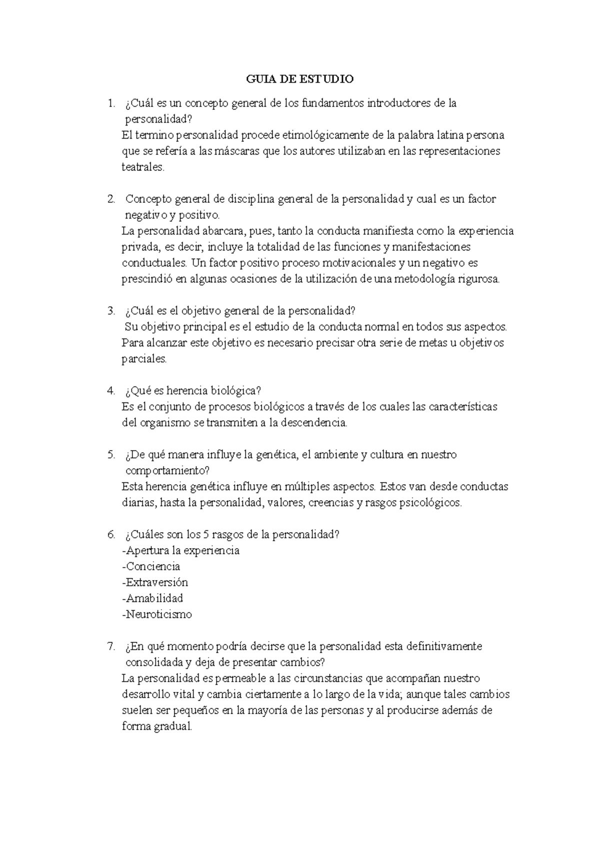 Guía de Estudio - Fundamentos de la Personalidad (Psicología) - Studocu