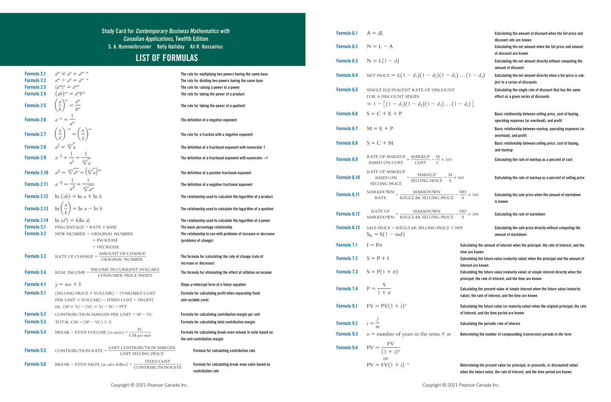 Formula Card - Copyright © 2021 Pearson Canada Inc. Copyright © 2021 ...
