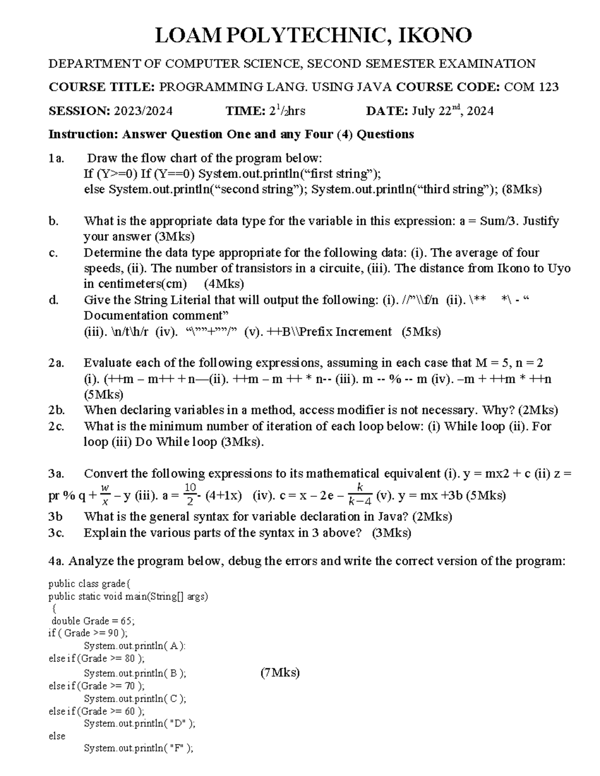 JAVA FINAL EXAM COM 123 - LOAM Polytechnic 2024 - Studocu