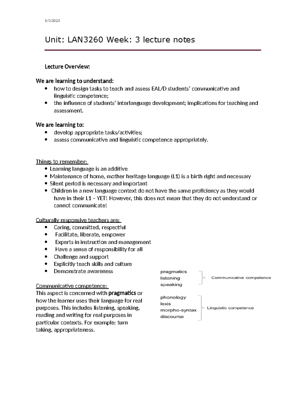 LAN3240 week 3 lecture notes - 8/3/ Unit: LAN3260 Week: 3 lecture notes ...