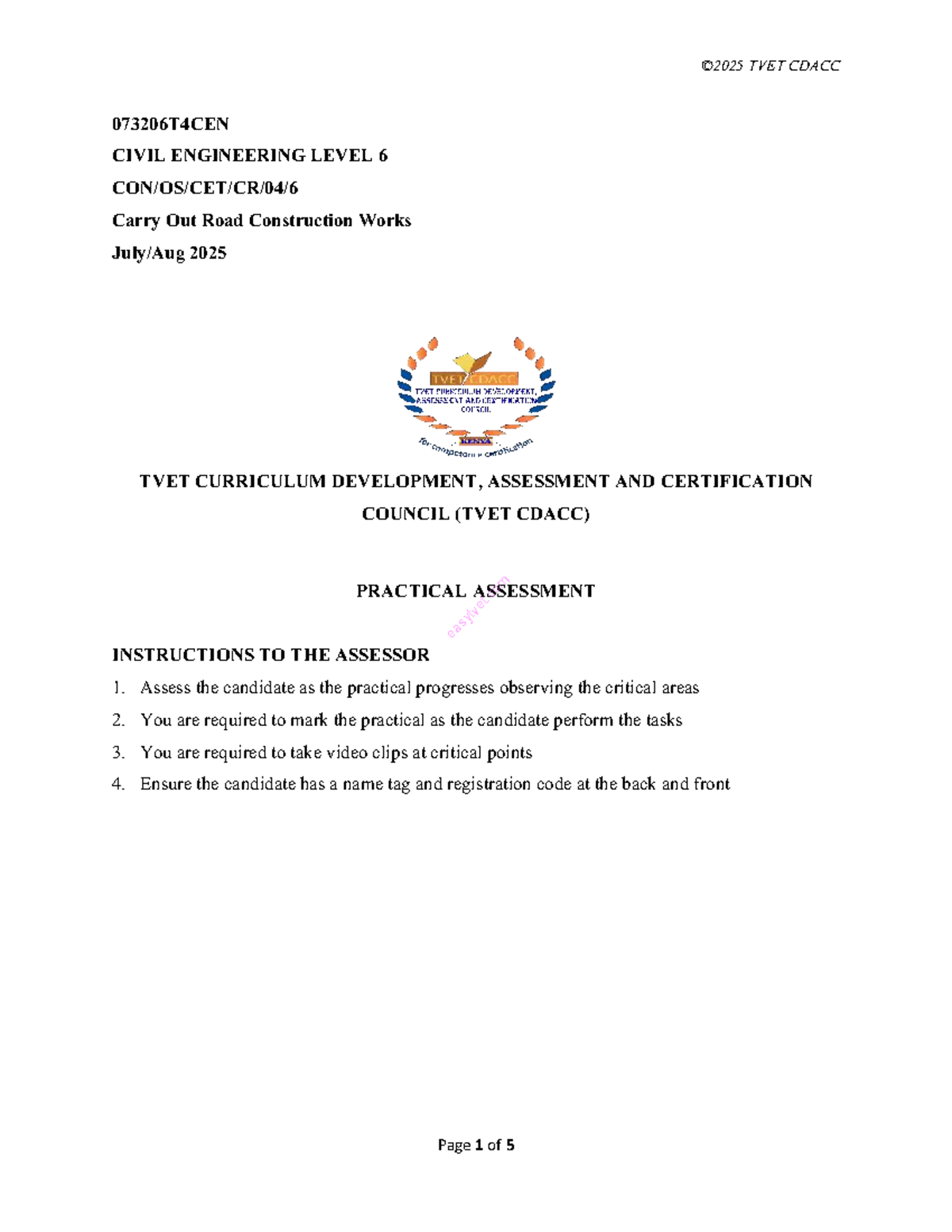 TVET CDACC 073206T4CEN CIVIL ENGINEERING LEVEL 6 Road Construction ...