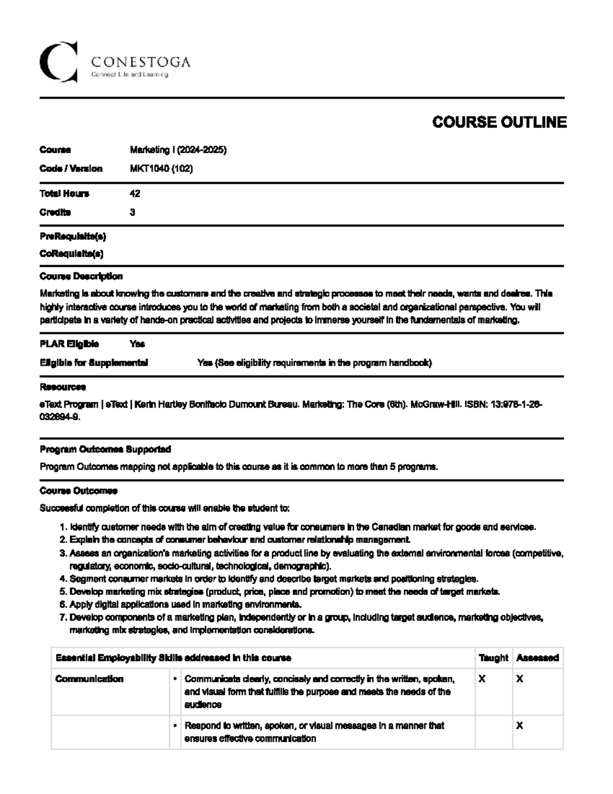 MKT1040 - Marketing I Course Outline and Learning Objectives - Studocu