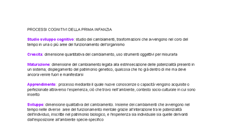 Processi Cognitivi Della Prima Infanzia: Sviluppo e Teorie - Studocu