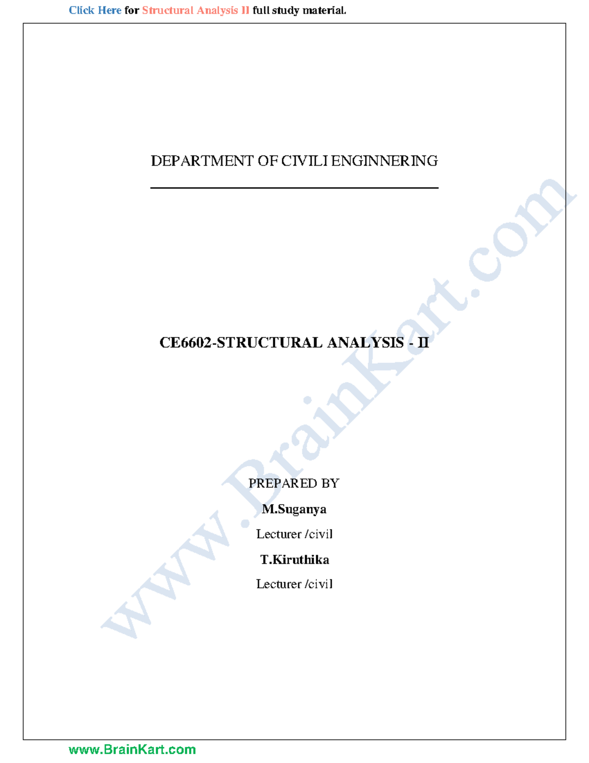 CE6602 Structural Analysis II - Comprehensive Notes and Concepts - Studocu