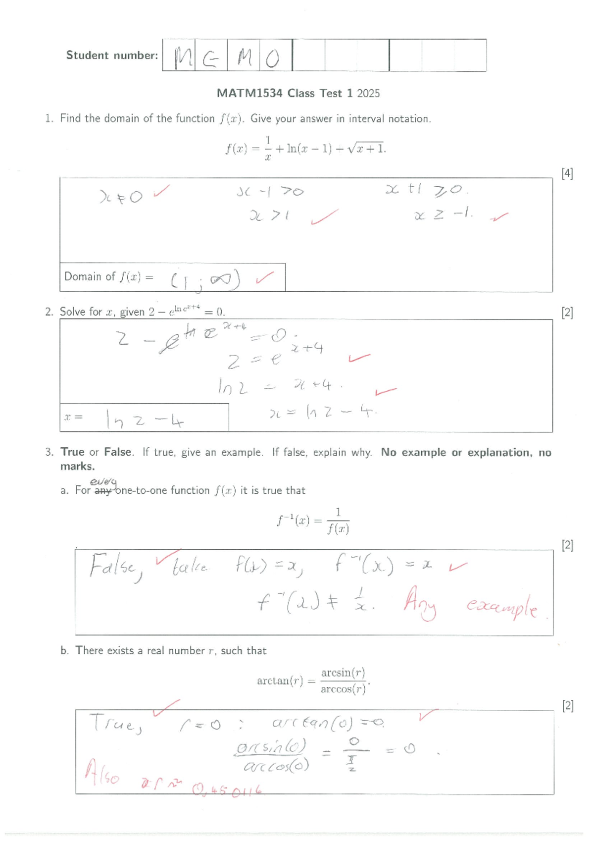 MATM1534 Class test 1 2025 memo - MATM1534 - Student number: MEMO ...