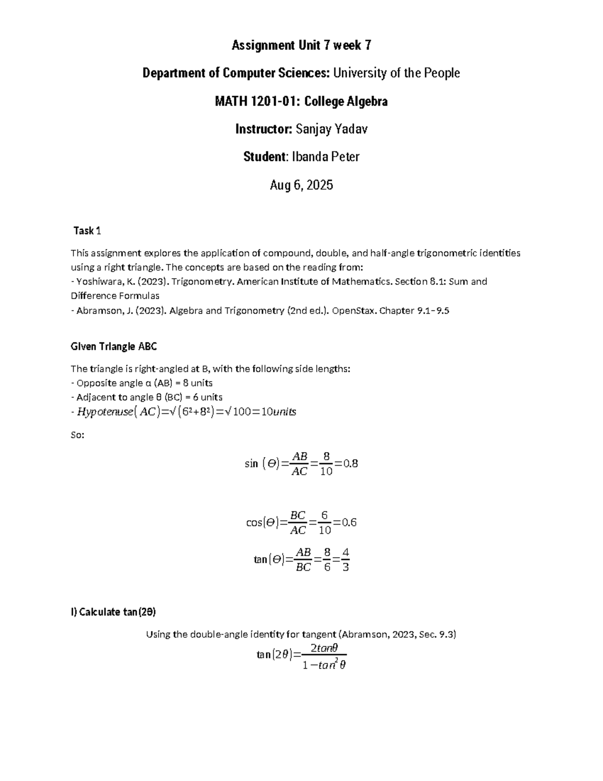 Maths Assignment Unit 7: Trigonometric Identities & Applications - Studocu