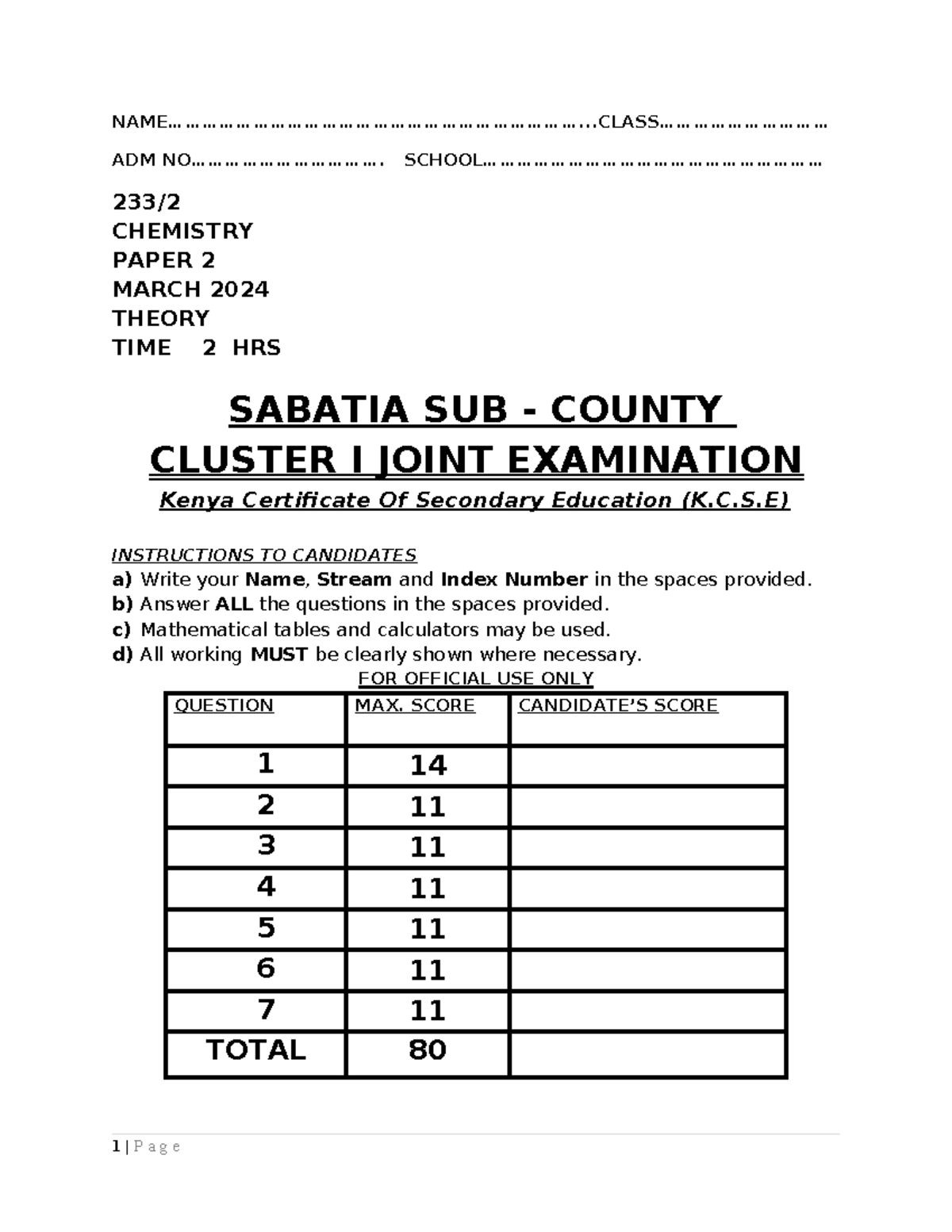 SABATIA CLUSTER I JOINT EXAM 2024: K.C.S.E CHEMISTRY PAPER 2 - Studocu
