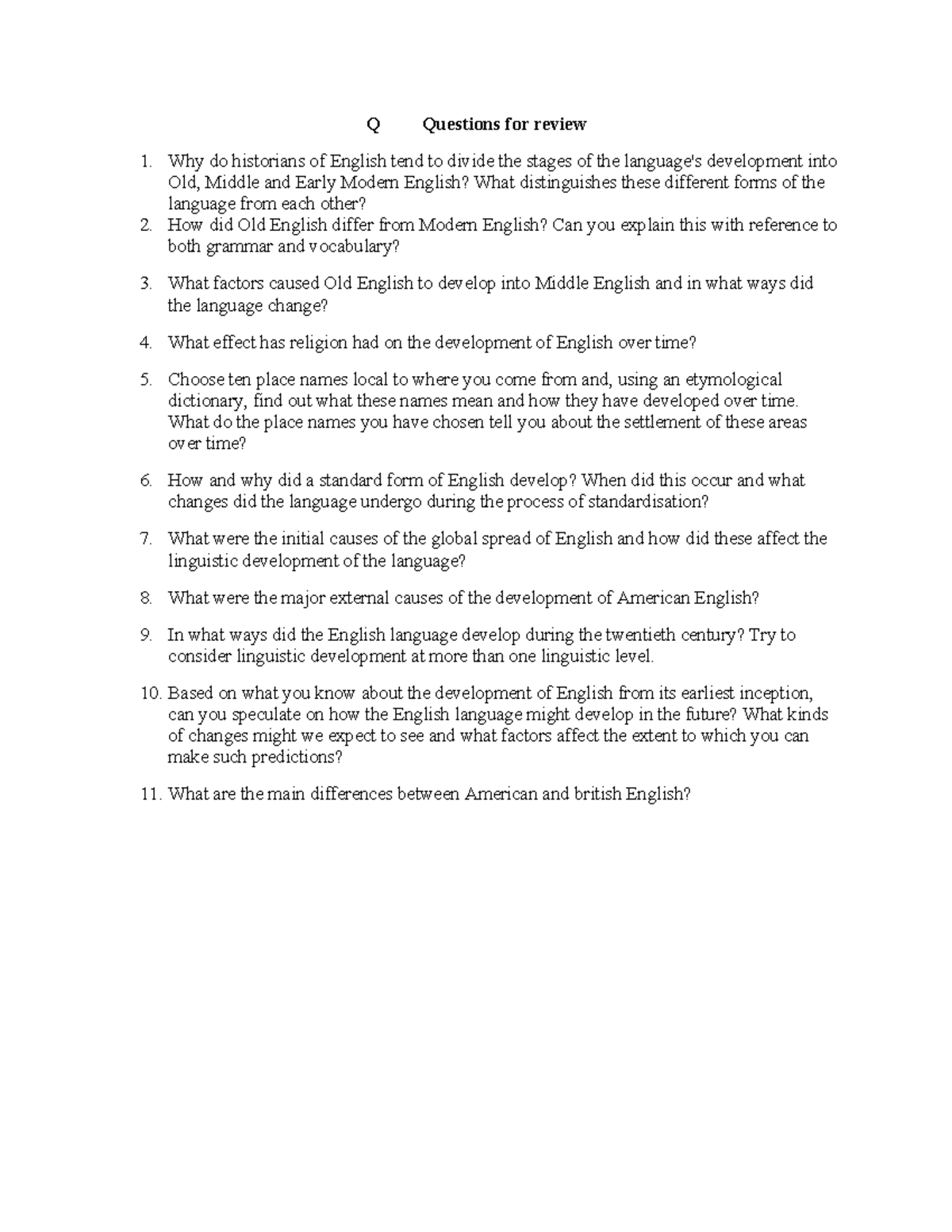 ENG 101: Questions for Review on the History of English - Studocu