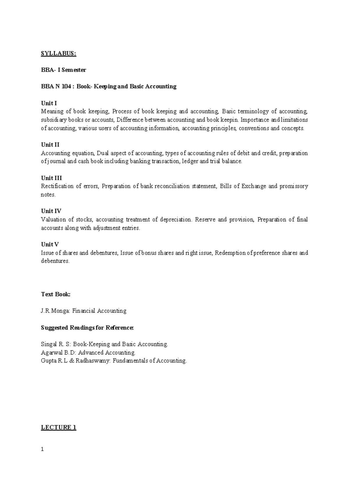 BBA N 104: Bookkeeping & Basic Accounting - Comprehensive Lecture Notes ...