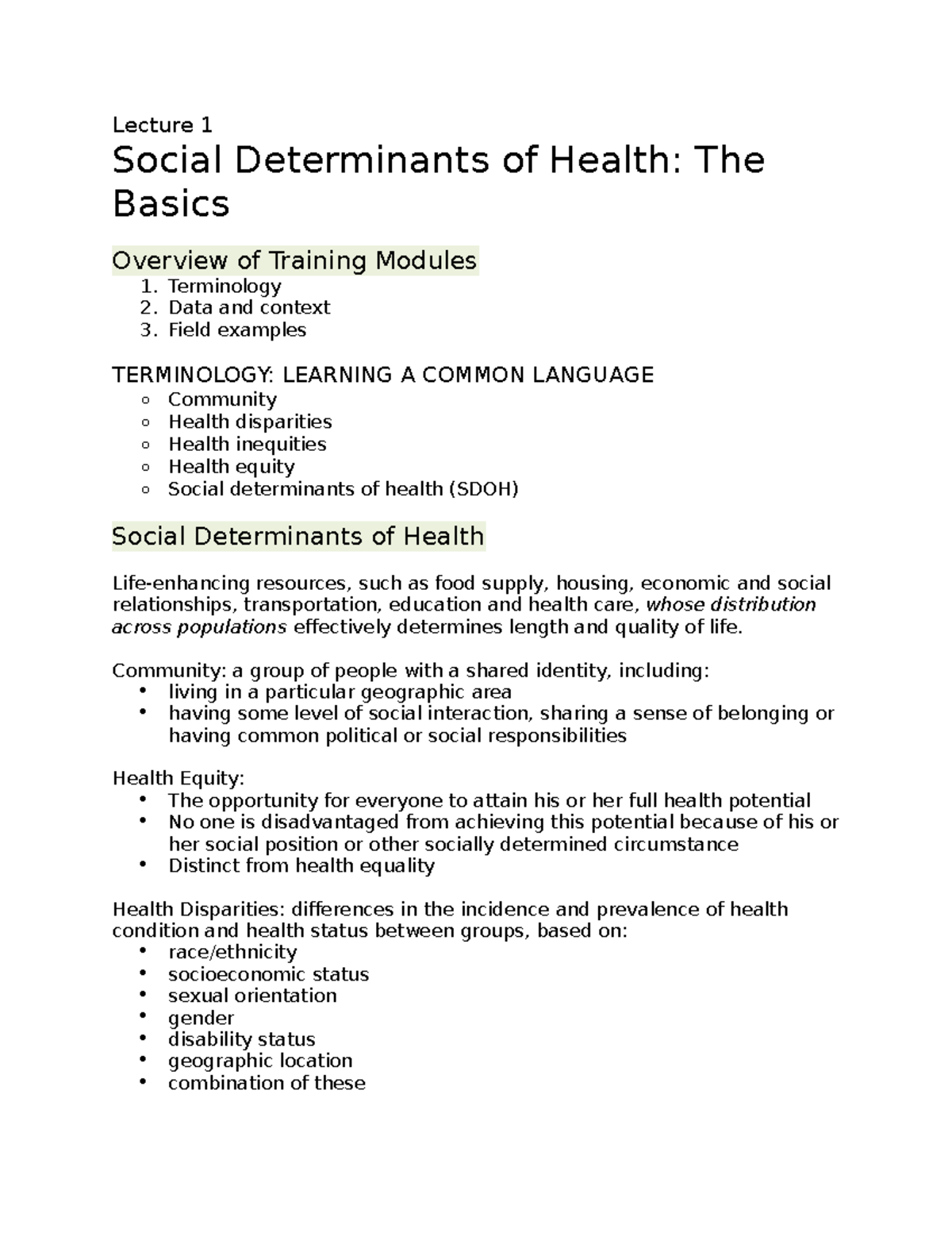Lecture 1 - Online course - Lecture 1 Social Determinants of Health ...