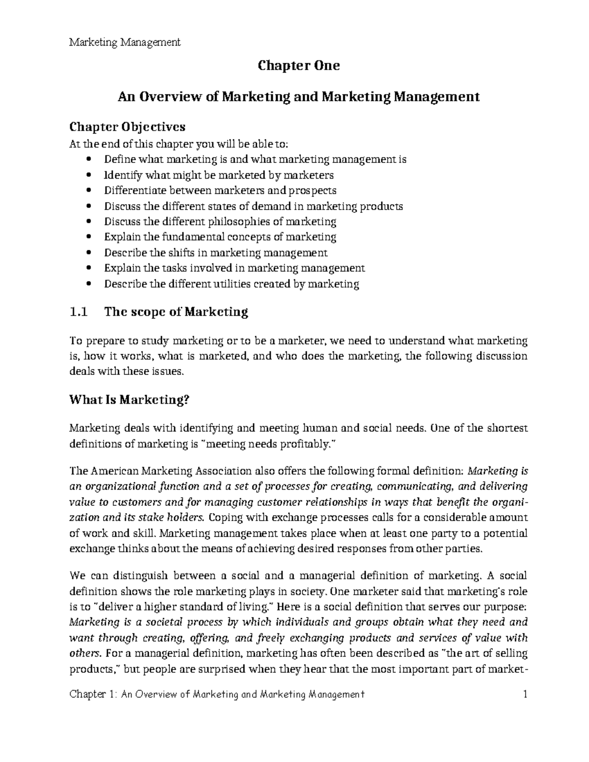 Marketing Management: Chapter 1 - Overview of Marketing Concepts - Studocu