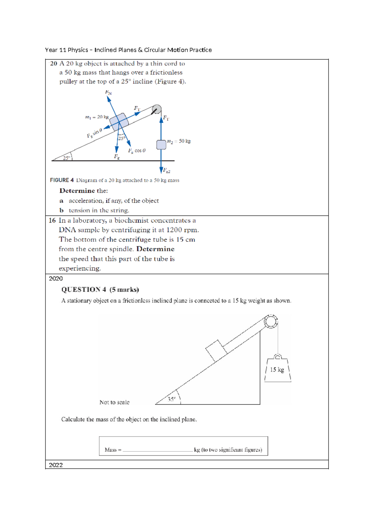 11PHY-IP CM Practice - Year 11 Physics – Inclined Planes & Circular ...