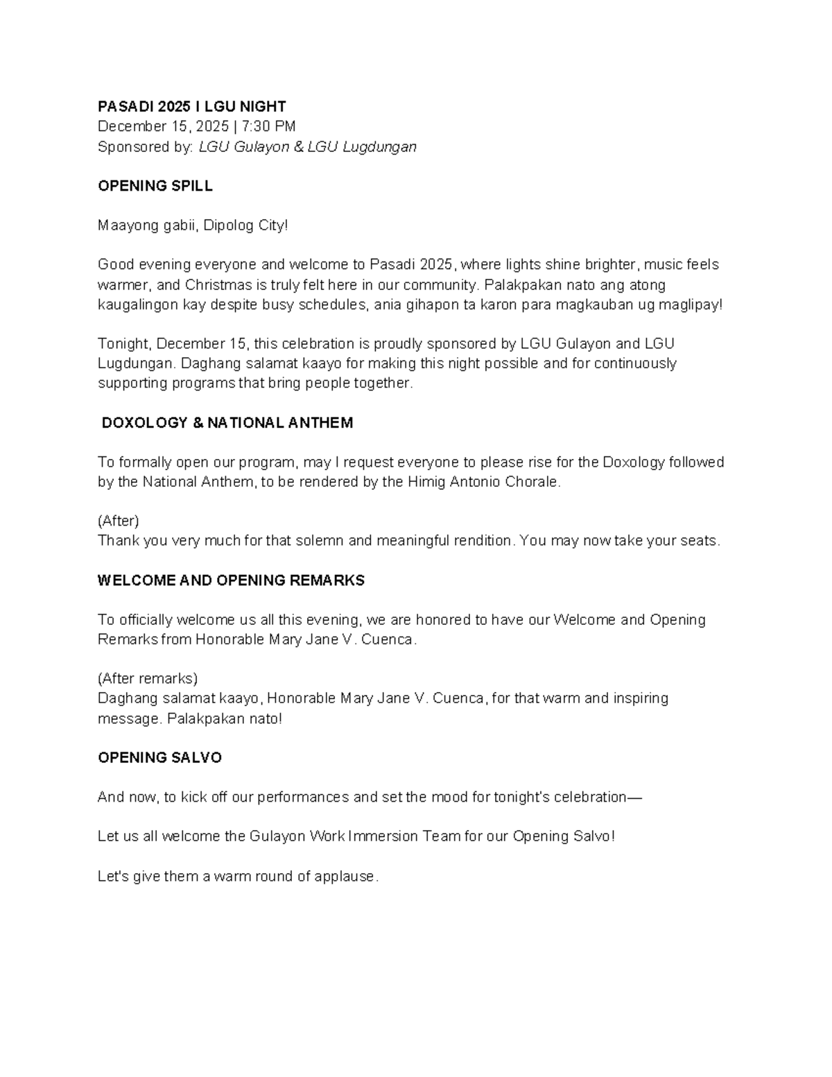 Pasadi 2025 I LGU Night Program Script - Technical Writing Practice ...