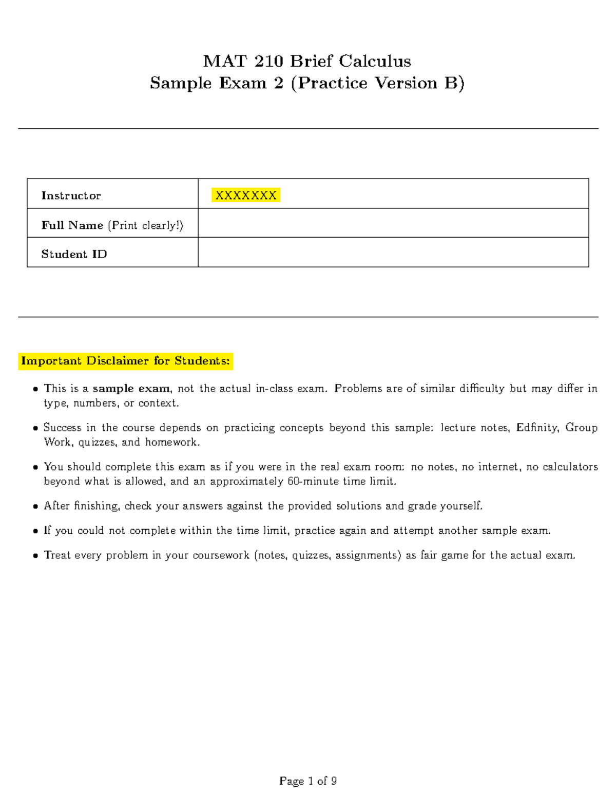 MAT 210 Brief Calculus Sample Exam 2 (Practice Version B) - Studocu