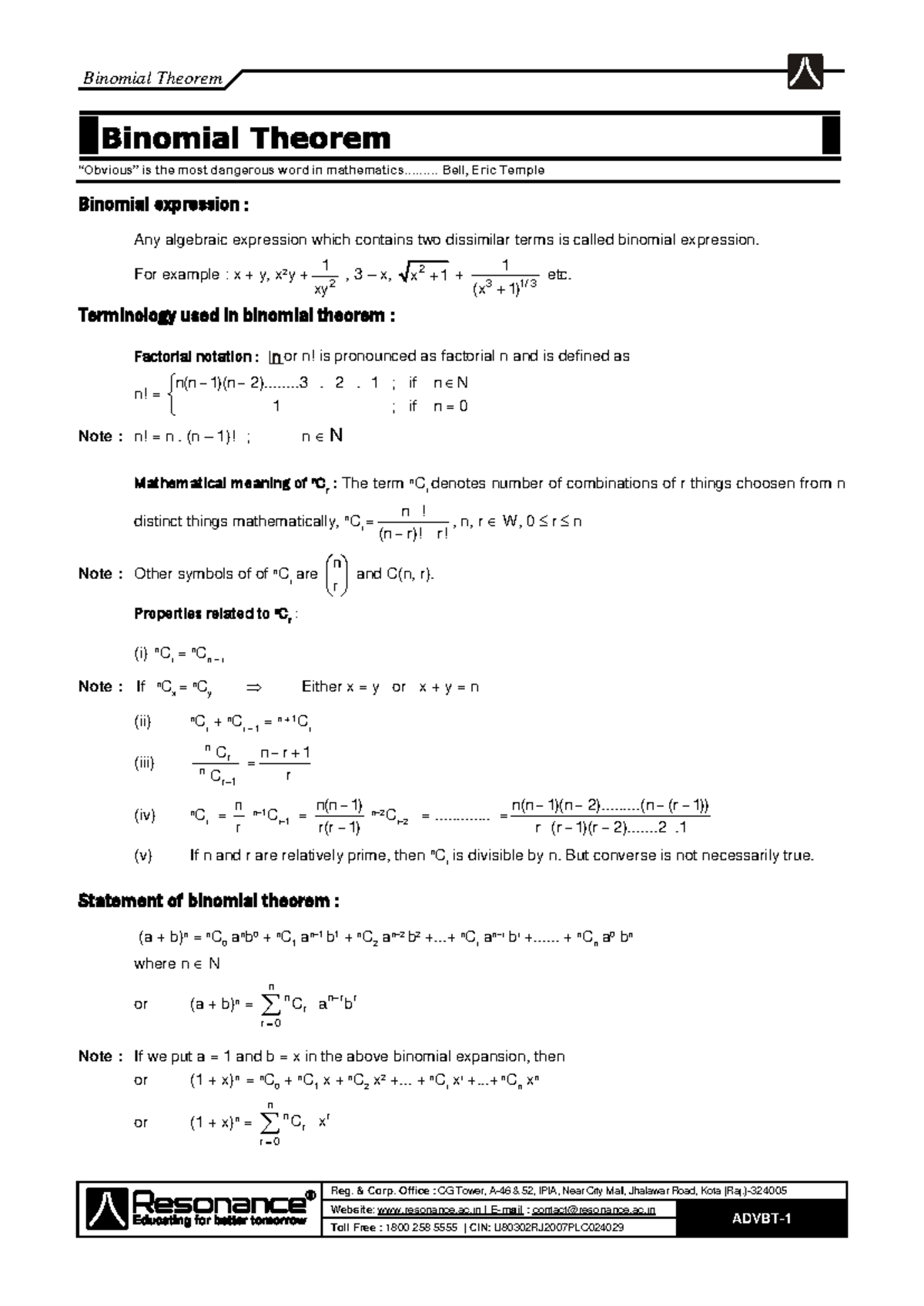 ADVBT-1: Comprehensive Study Notes on Binomial Theorem - Studocu
