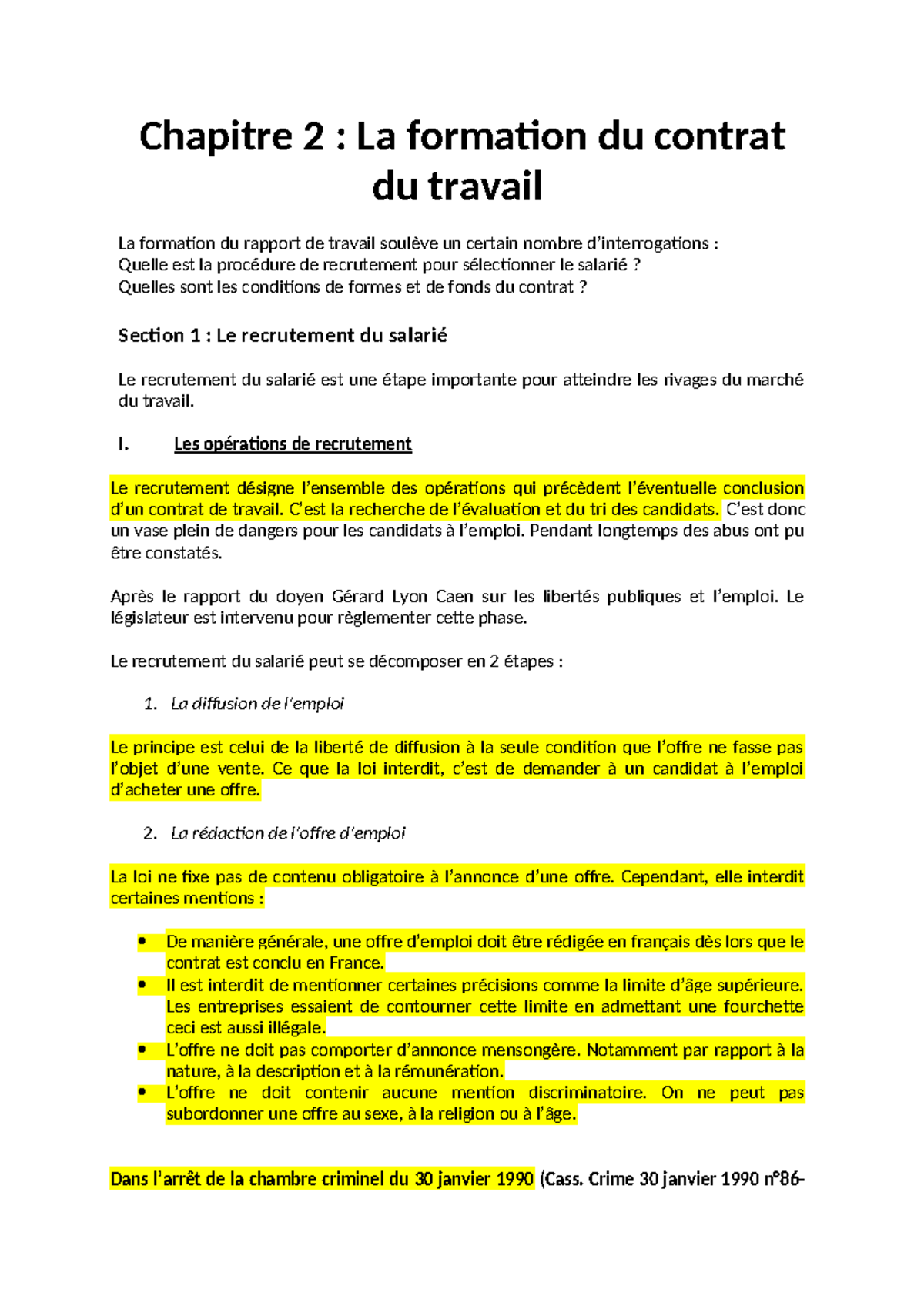 Chapitre II : La Formation du Contrat de Travail en Droit Français ...