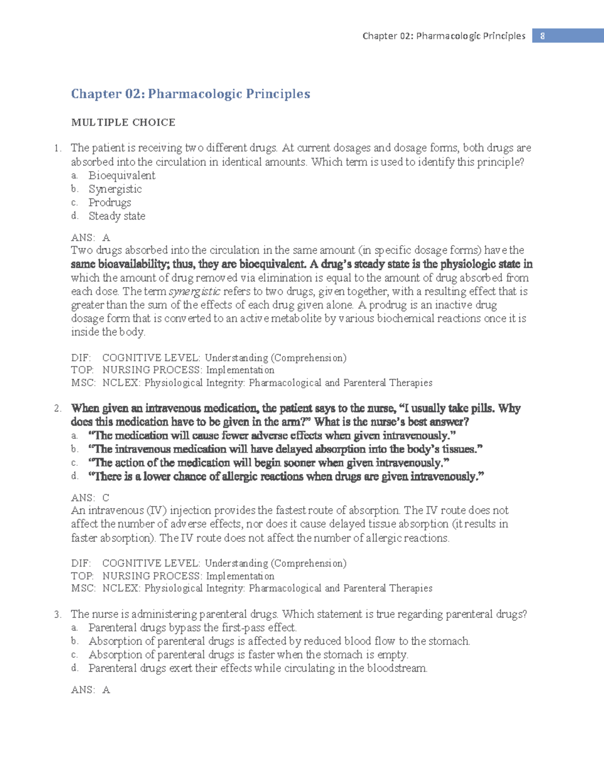 Chapter 2 practice - Chapter 02: Pharmacologic Principles MULTIPLE ...