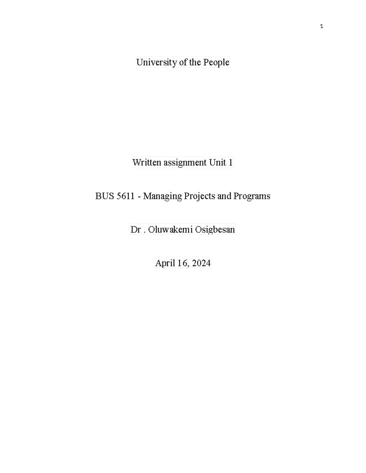 unit 1 written work - University of the People Written assignment Unit ...