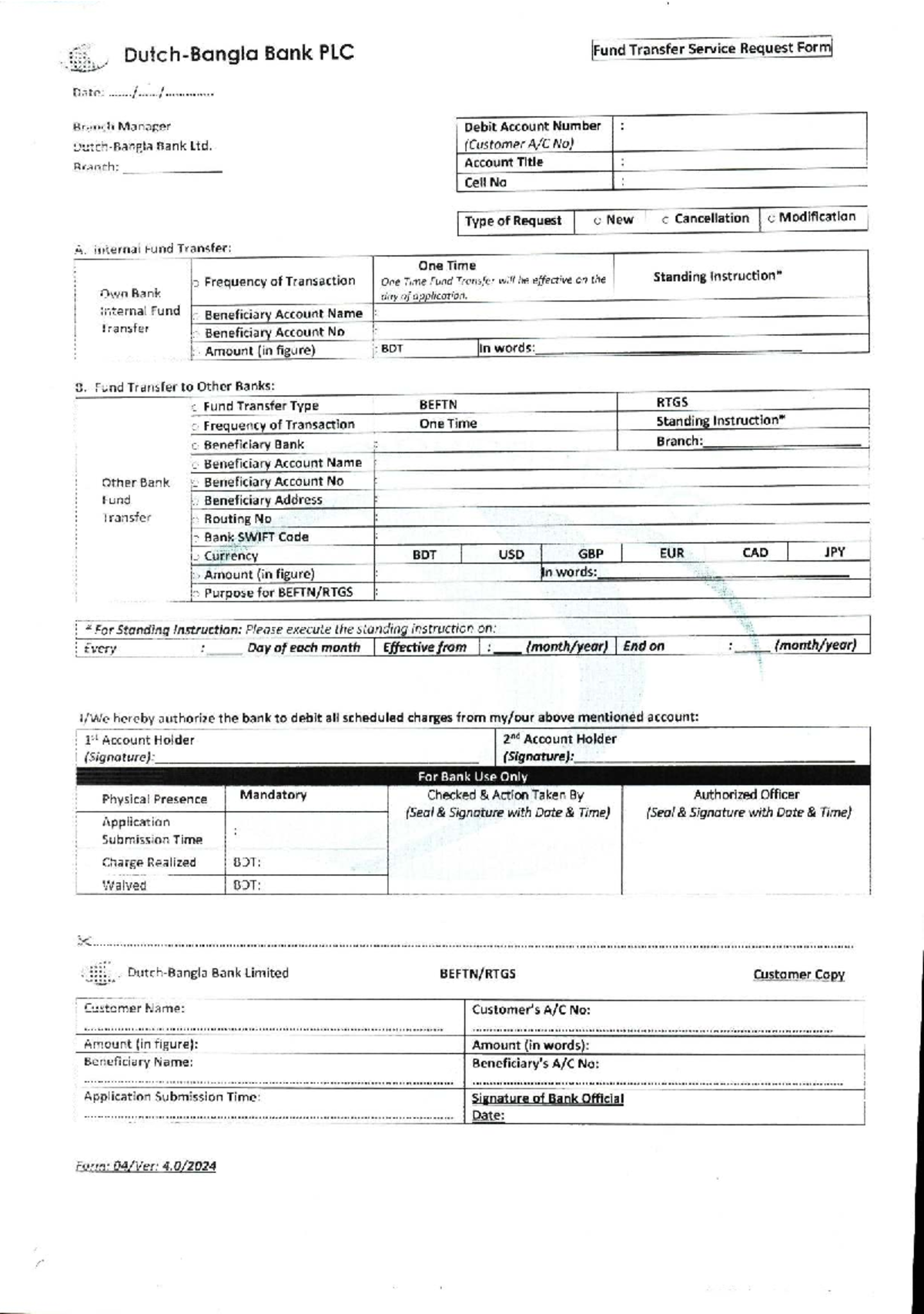 DBBL RTGS Format - Bank Transfer Service Request Form - Studocu