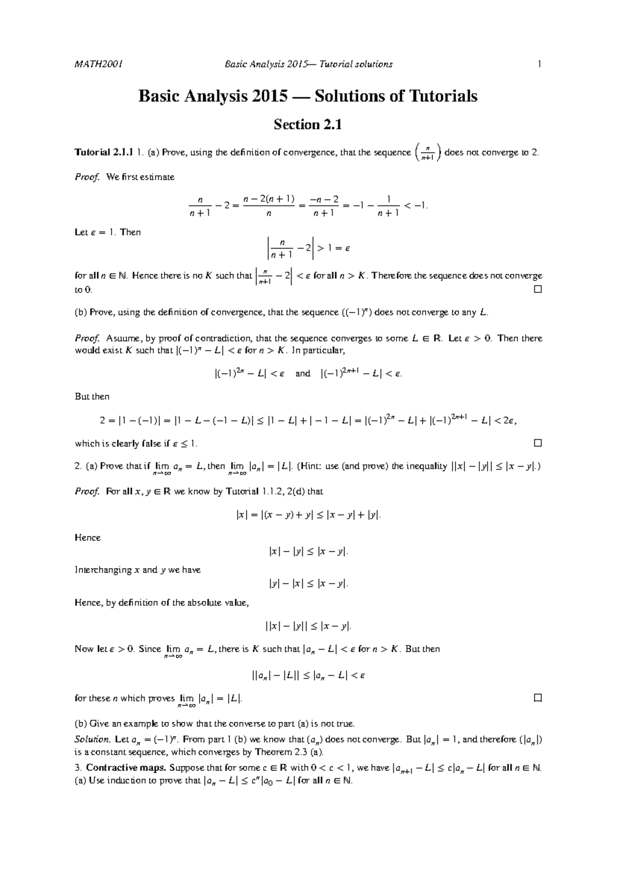 MATH2001 Final Exam Basic Analysis Tutorial 2.1 Solutions 2015 - Studocu