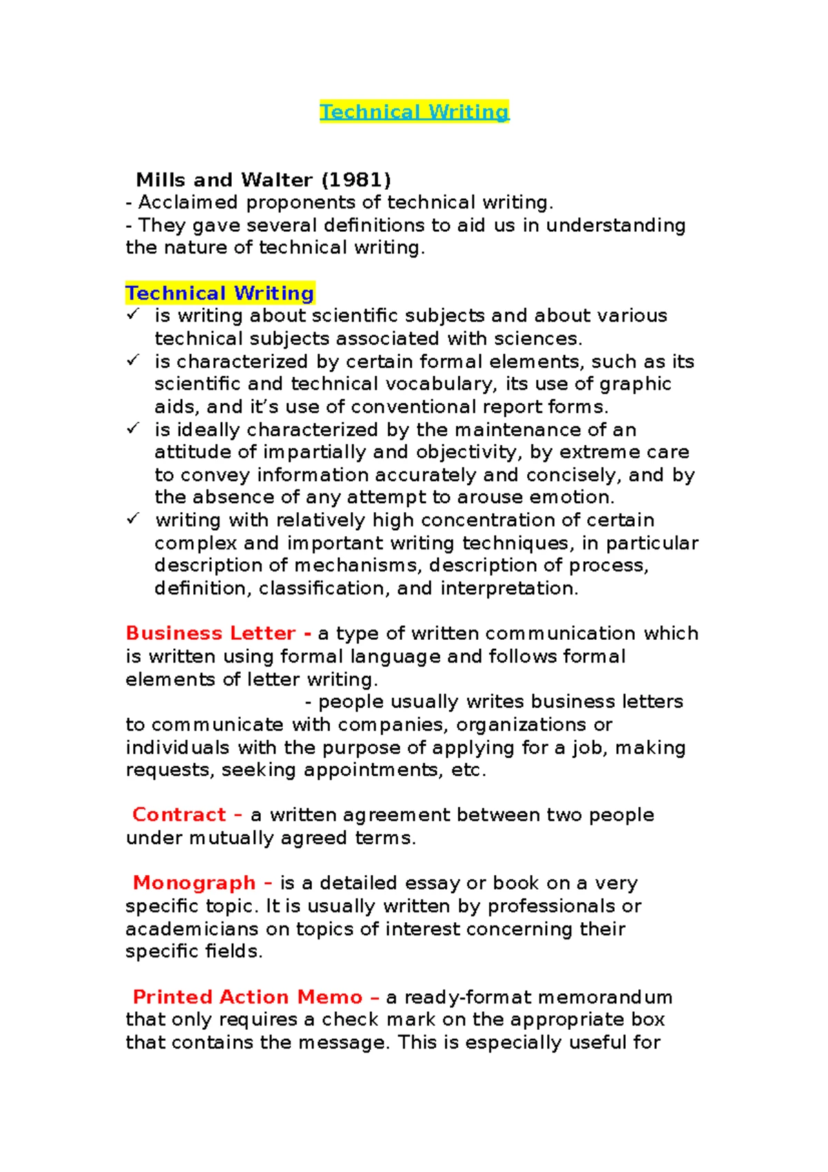 Technical Writing - Technical Writing Mills and Walter (1981 ...