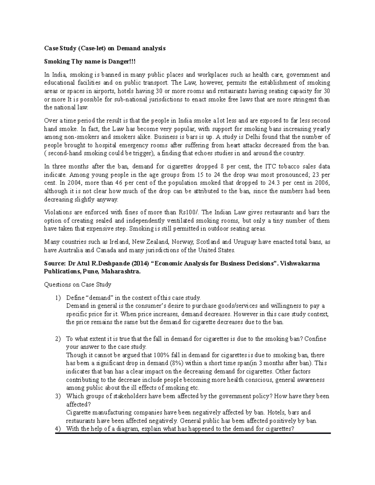 Case Study on Demand Analysis of Cigarettes Following a Ban - Studocu