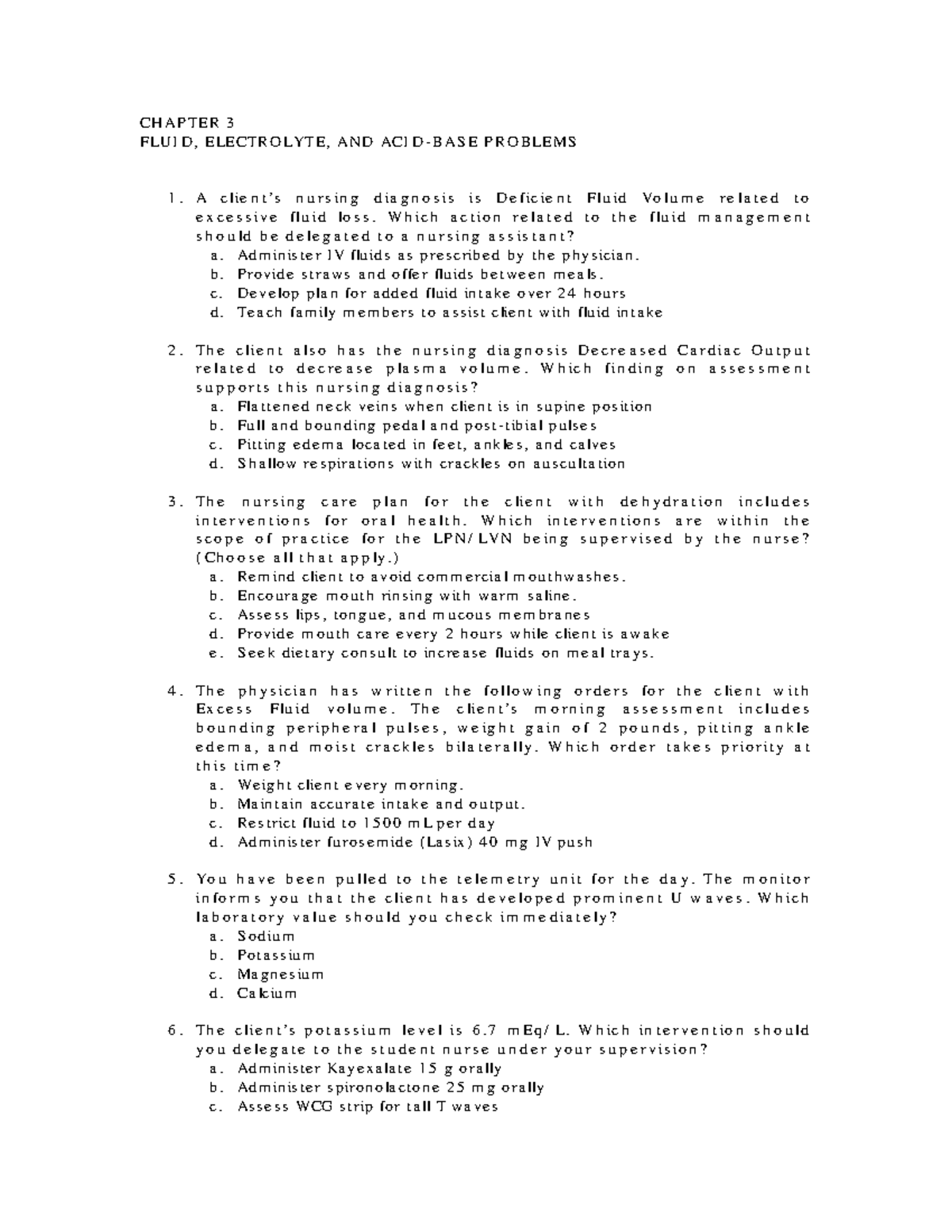 NCLEX Practice Questions: Chapter 3 - Fluid and Electrolyte Management ...