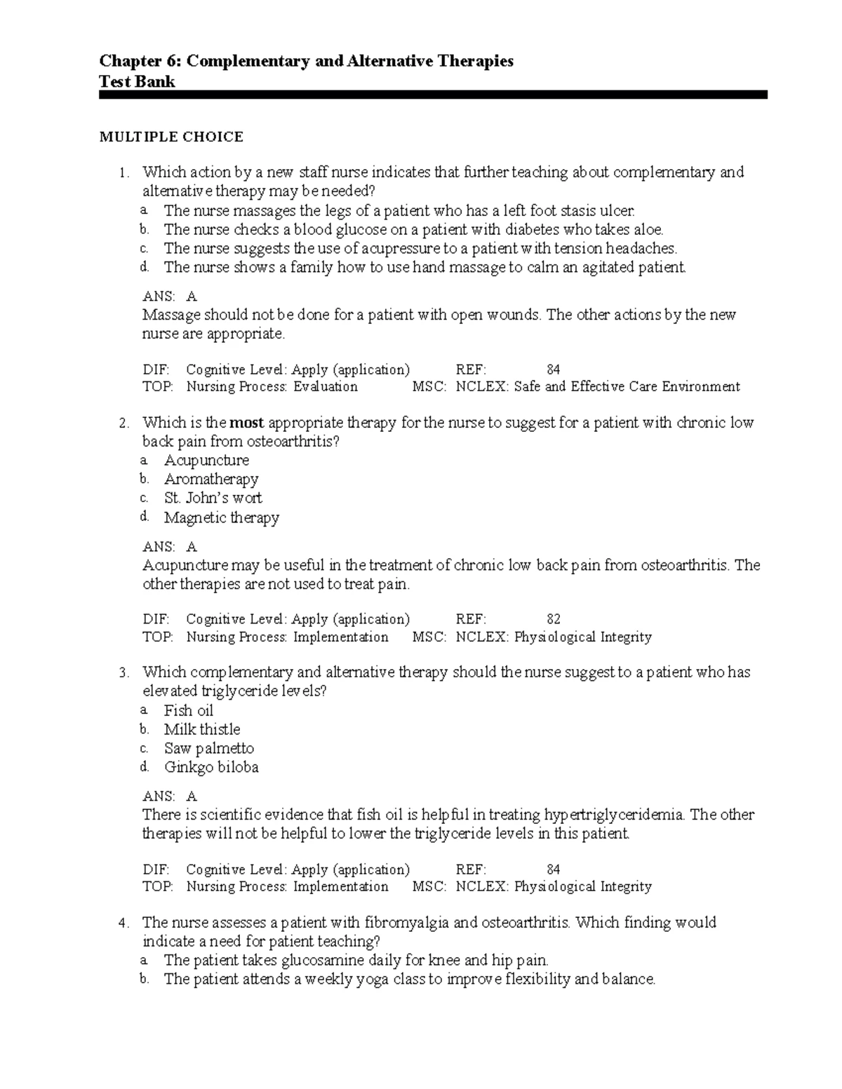 Ch10 - Practice Questions - Chapter 10: Palliative Care at End of Life ...