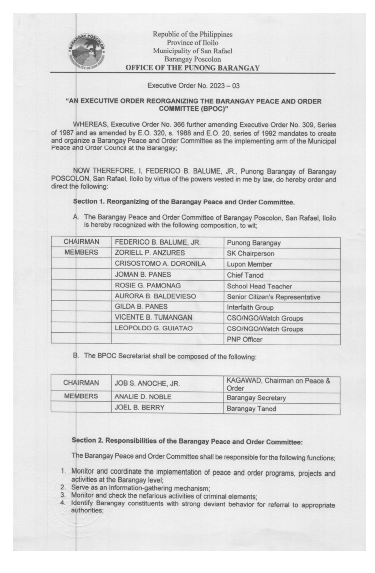 Reorganization of Barangay Peace and Order Committee - EO 2023-03 - Studocu