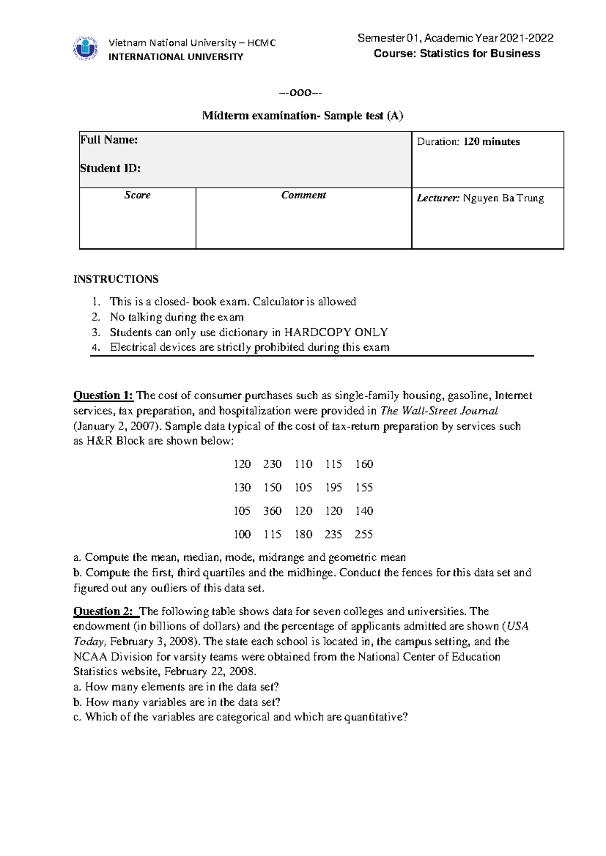 Revision of Midterm Exam - Sample Test for STT101 - Studocu