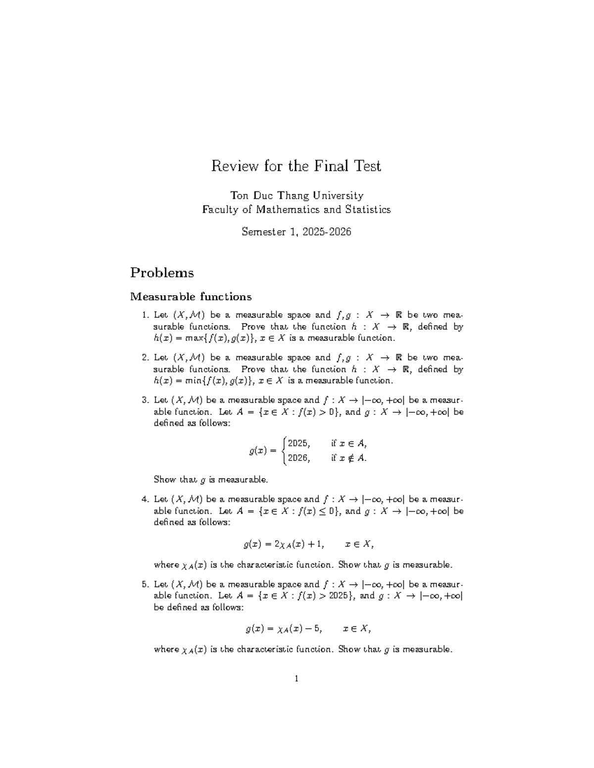 Review for the Final Test MATH 101: Measurable Functions and ...