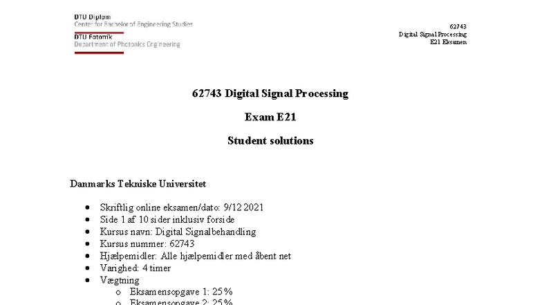 62743 Digital Signal Processing E21 Exam Solutions 2021 - Studocu