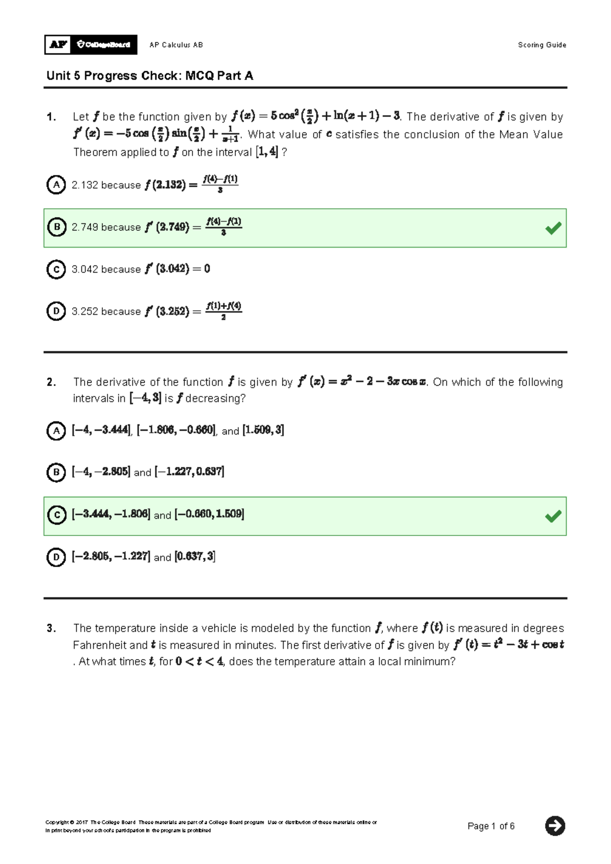 AP Calculus AB Unit 5 Progress Check: MCQ Part A Scoring Guide - Studocu