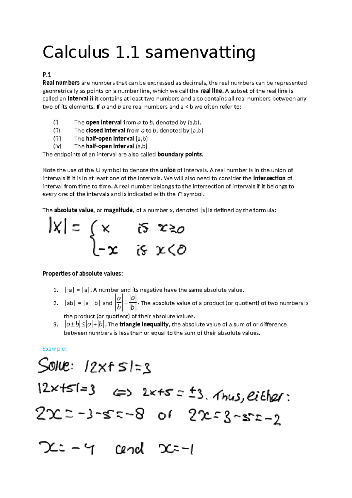 Calculus 1.1 Samenvatting: Real Numbers, Intervals, and Functions ...